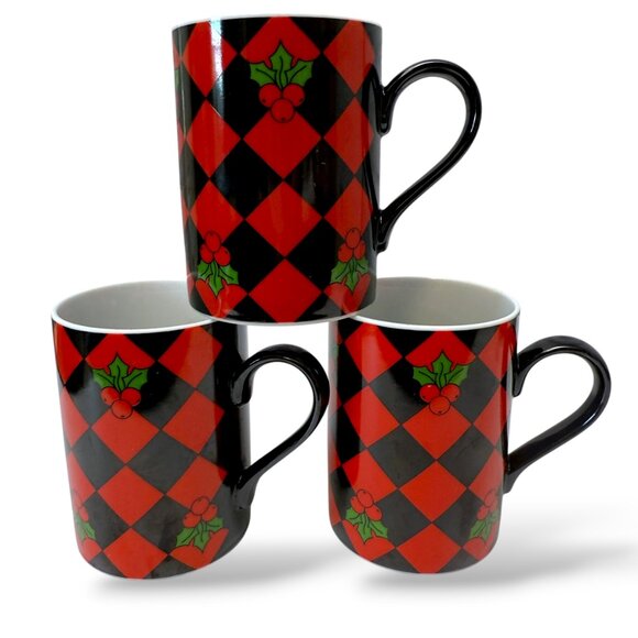 DEPARTMENT 56 Holiday Mugs Set of 3 Red Black Checkerboard Christmas Ho Ho Holly - Picture 1 of 10